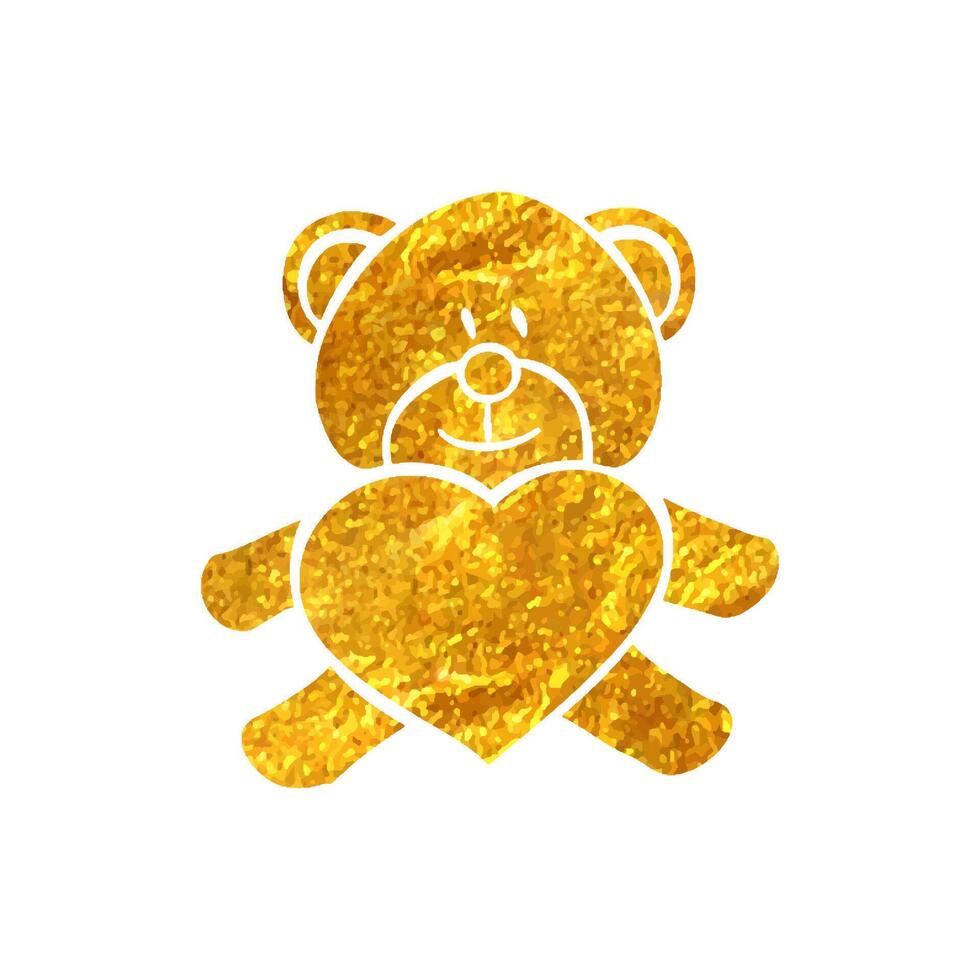 Hand drawn Teddy holding heart shape icon in gold foil texture vector illustration