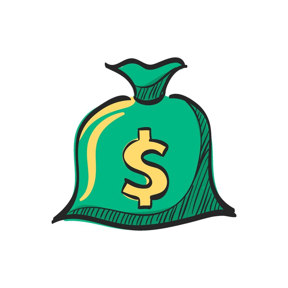 Money sack icon in hand drawn color vector illustration