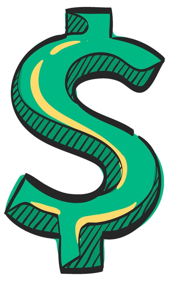 Dollar sign icon in hand drawn color vector illustration