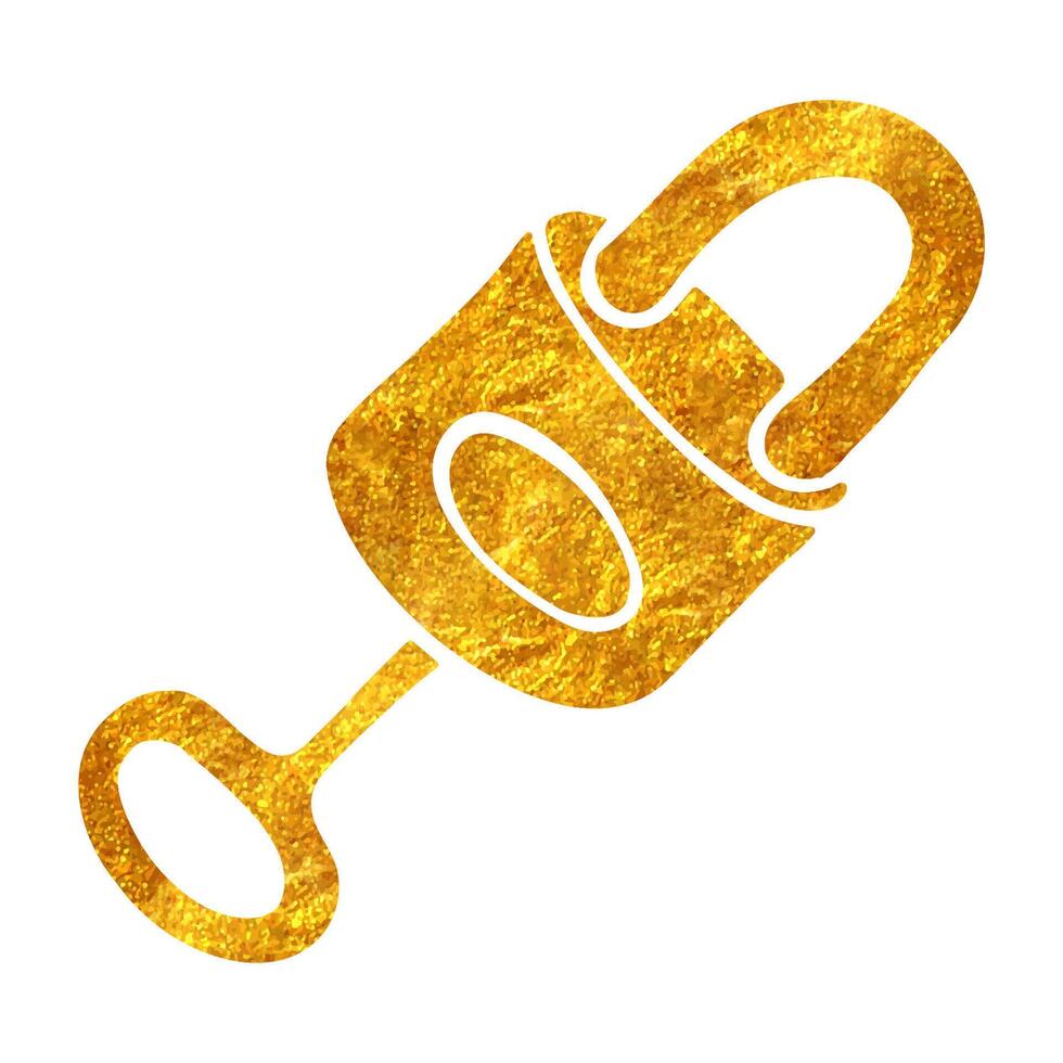 Hand drawn key and padlock in gold foil texture vector illustration