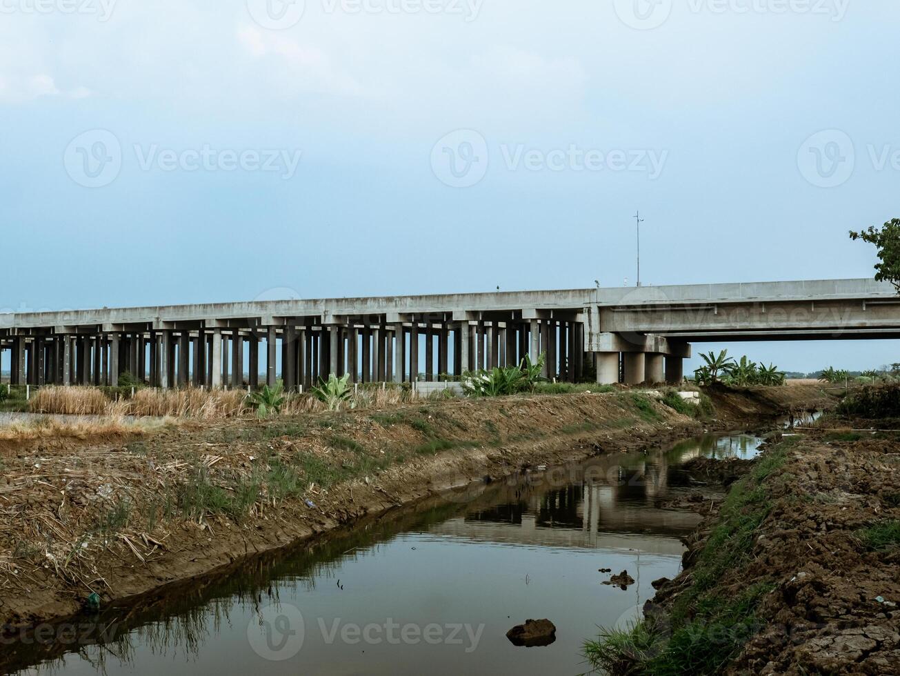 The toll road seen from the side is built on rice fields with a river beside it photo