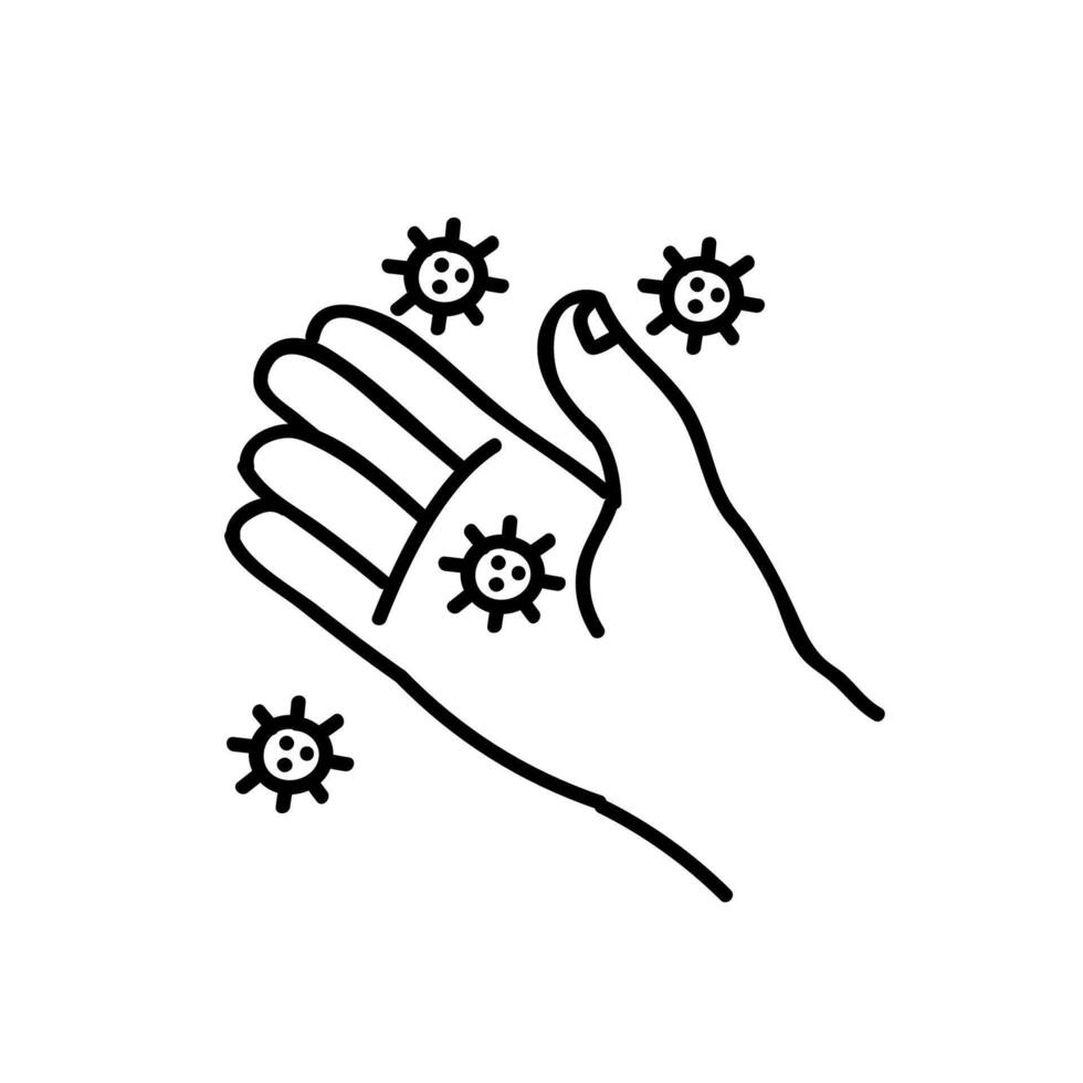 Viruses on human hand palm icon. Hand drawn vector illustration. Editable line stroke.