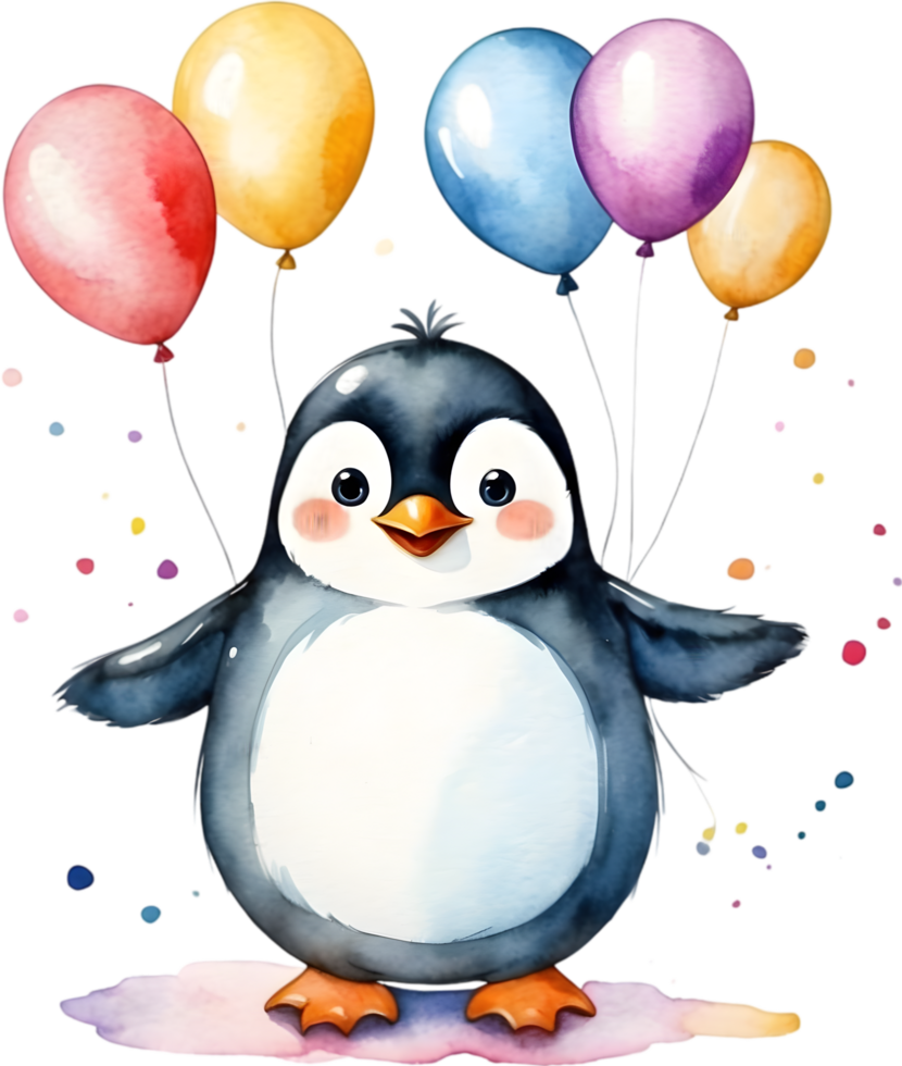 ai generato contento compleanno pinguino con palloncini acquerello illustrazione png