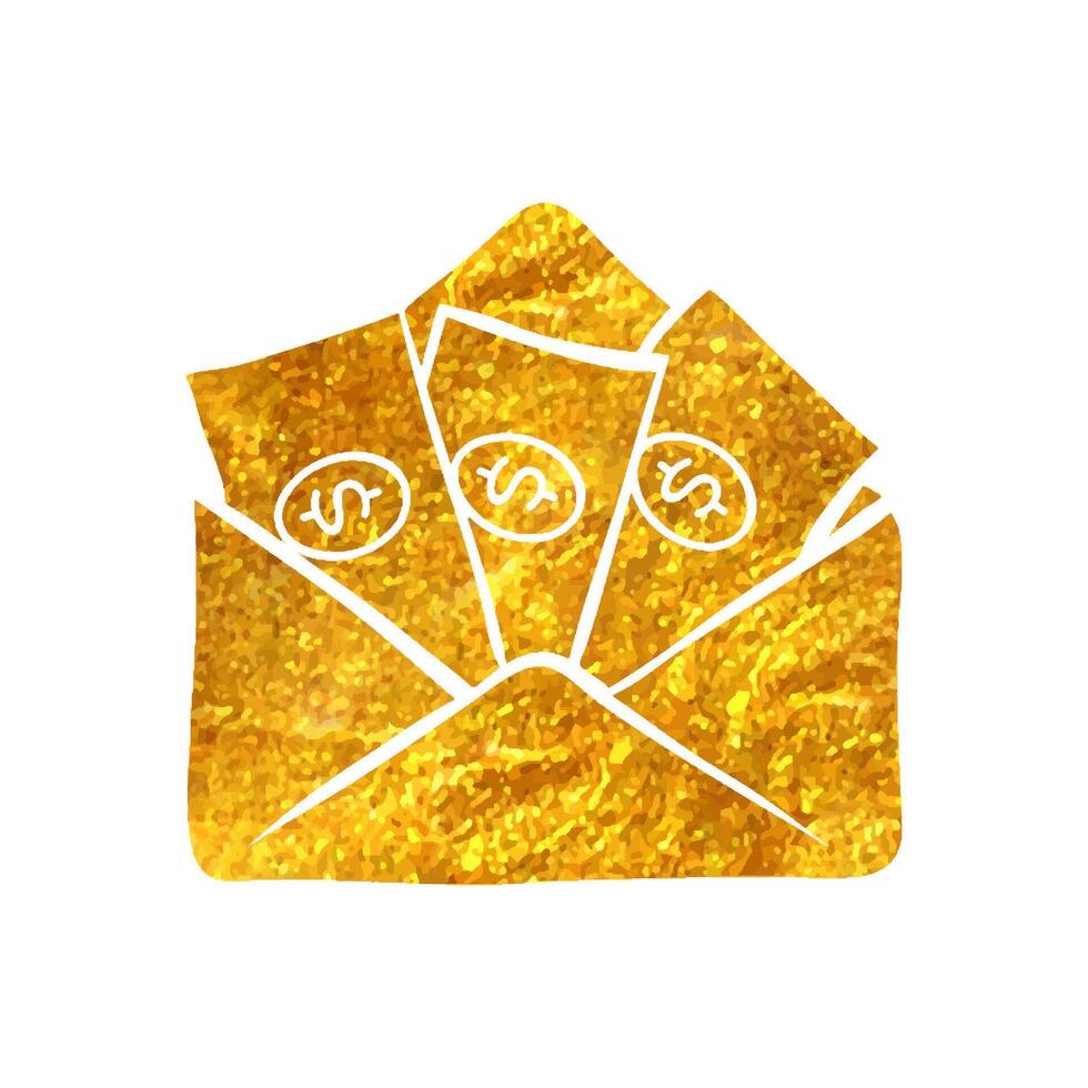 Hand drawn Money envelope icon in gold foil texture vector illustration