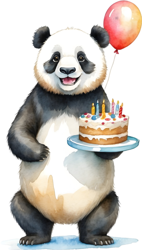 ai generiert Panda Aquarell Tier mit Geburtstag Kuchen, süß Tier mit Kuchen, Tier Geburtstag Feier png