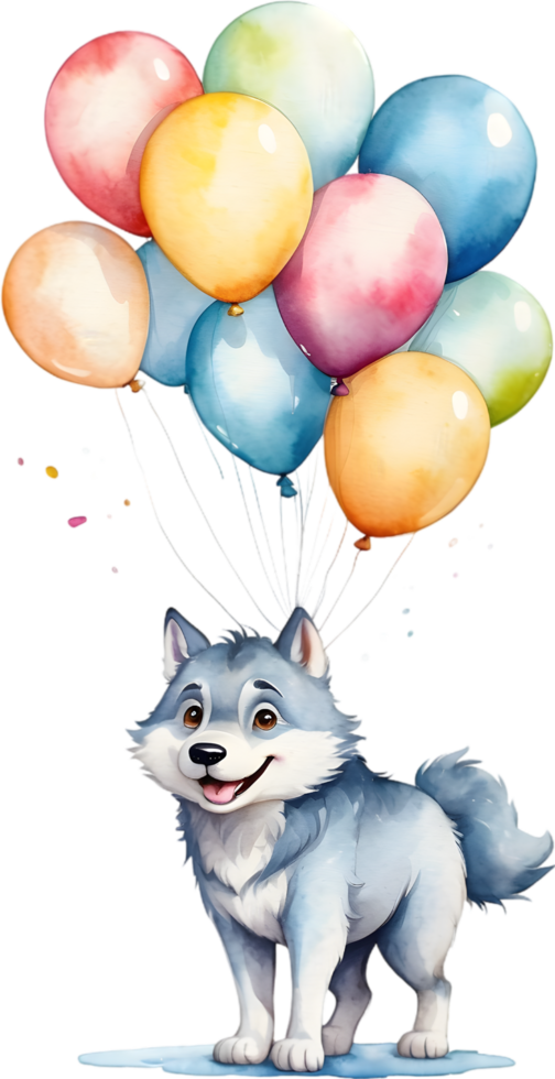 AI generated happy birthday wolf with balloons watercolor illustration png