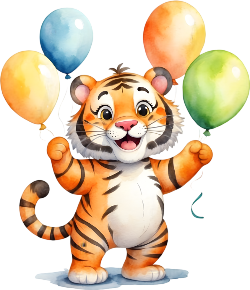 AI generated happy birthday tiger with balloons watercolor illustration png