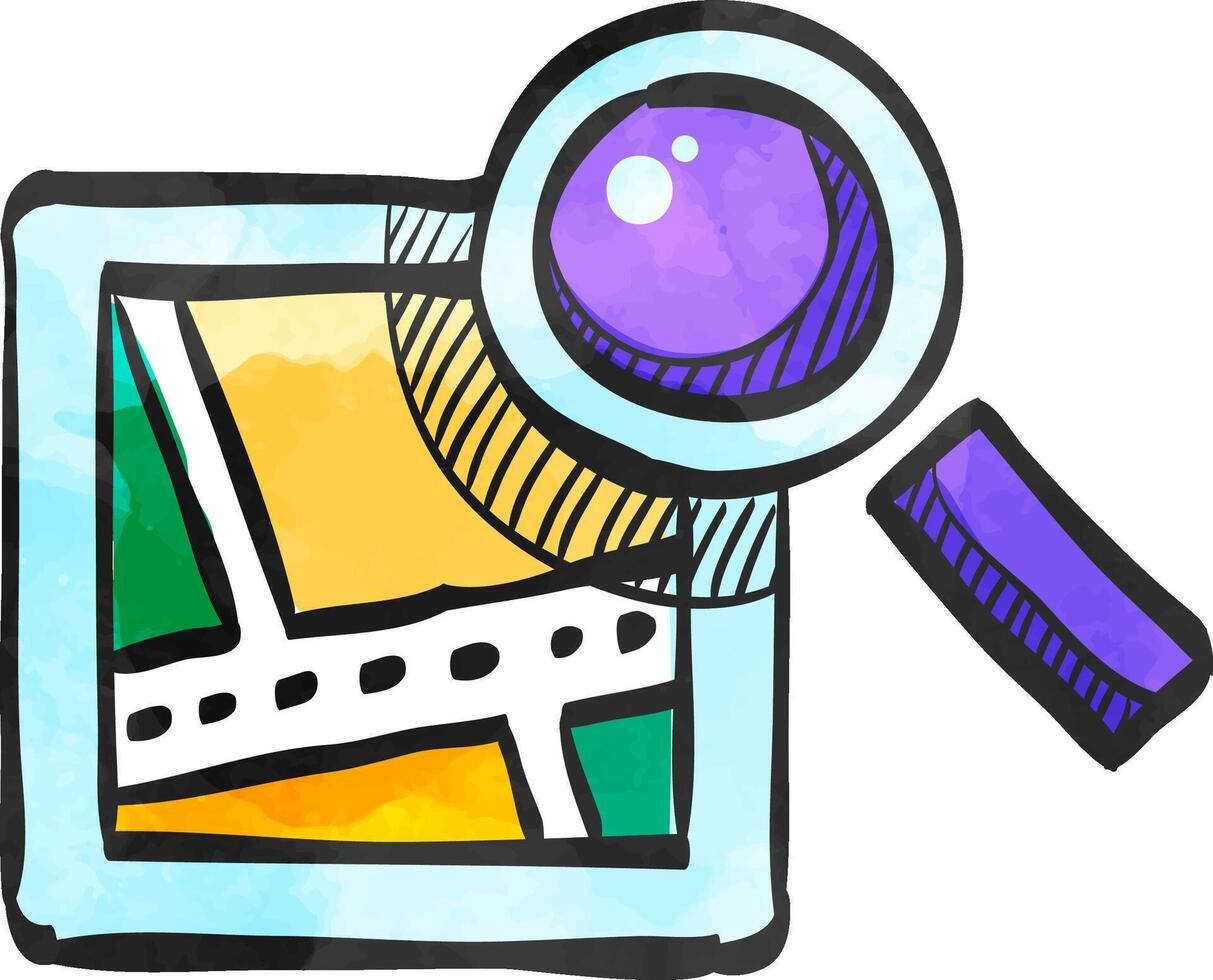 Road map icon with loupe  in watercolor style. vector