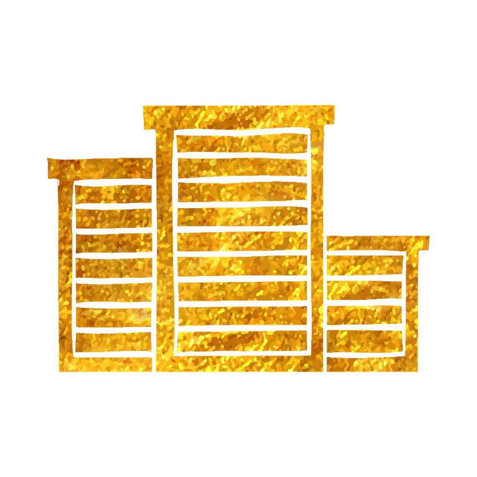 Hand drawn Hotel building icon in gold foil texture vector illustration