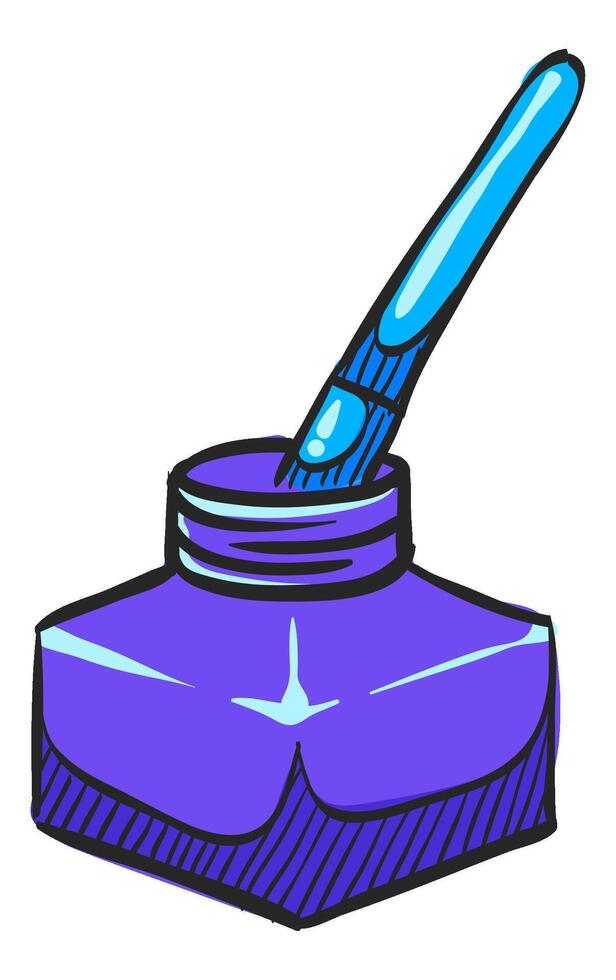 Ink pot icon with brush in hand drawn color vector illustration