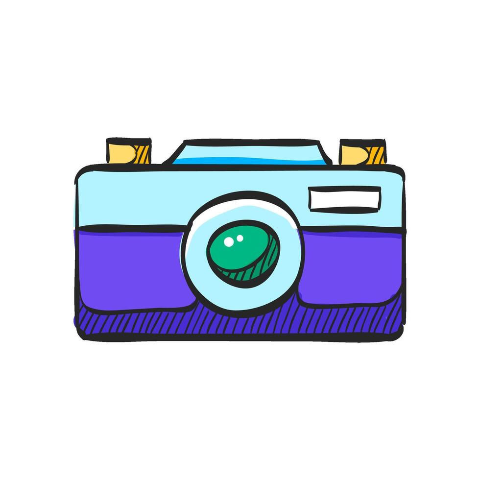Range finder camera icon in hand drawn color vector illustration