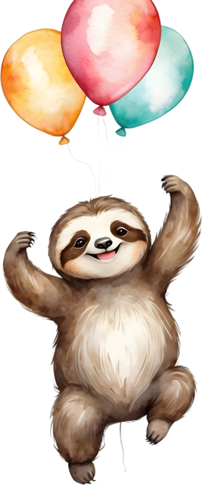 AI generated happy birthday sloth with balloons watercolor illustration png