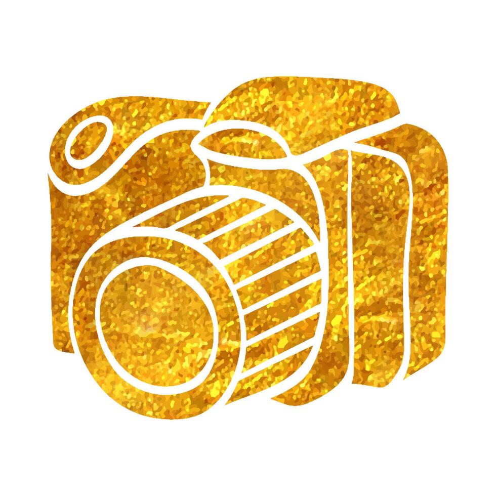 Hand drawn Camera icon in gold foil texture vector illustration