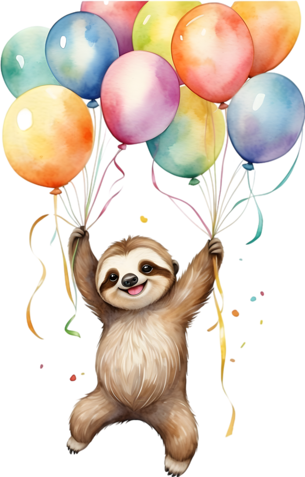 ai gerado feliz aniversário bicho-preguiça com balões aguarela ilustração png