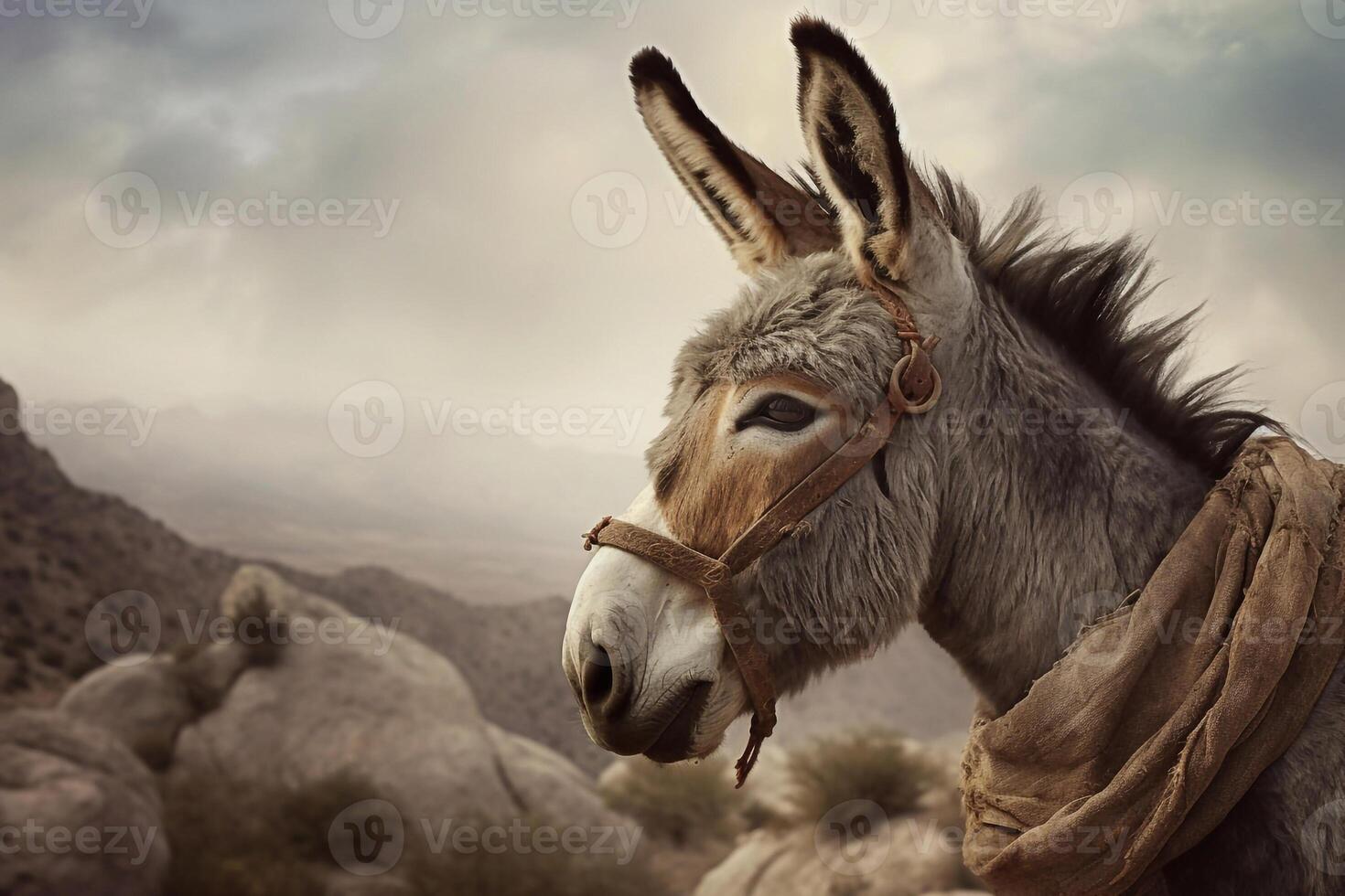 AI generated Animal donkey in the mountains. Whimsical Donkey Portrait photo