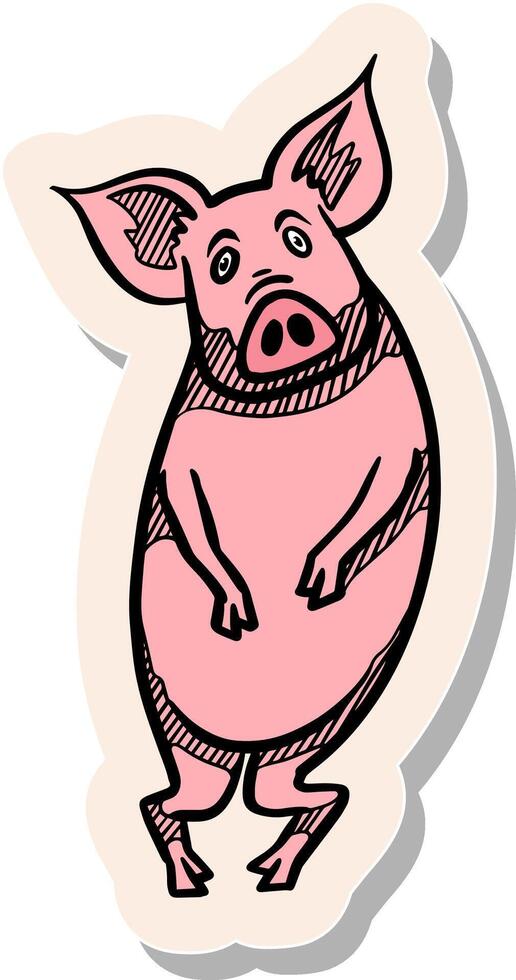 Hand drawn hand standing pig in sticker style vector illustration