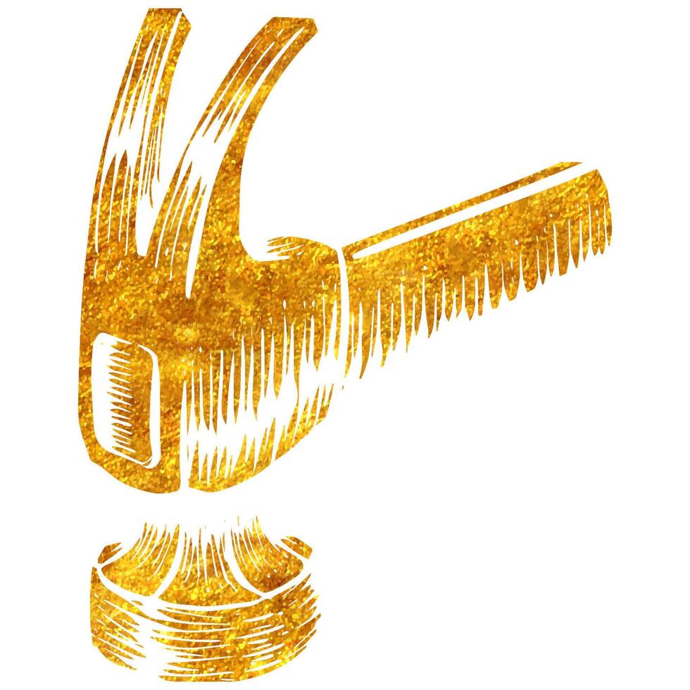 Hand drawn claw hammer icon woodworking tool in gold foil texture vector illustration