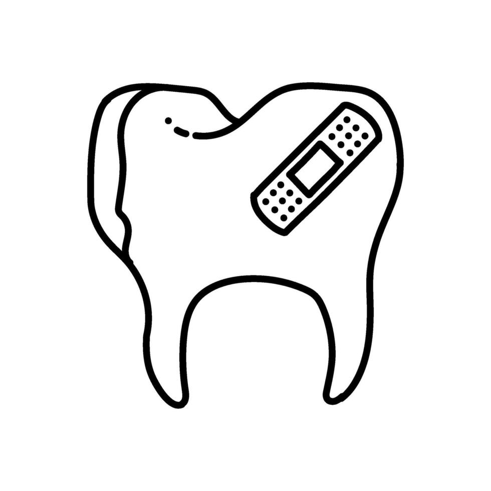 Tooth with bandage icon. Hand drawn vector illustration. Editable line stroke.
