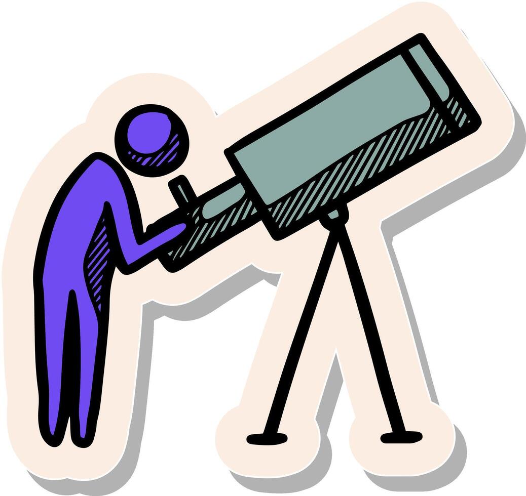 Hand drawn sticker style Telescope icon in doodle sketch lines vector illustration