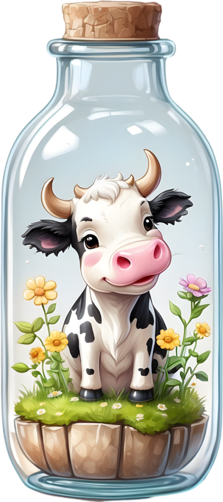 AI generated blind box lovely cute chibi cow in glass bottle ,flower garden diorama, lighting studio,pastel, watercolor illustration, hand draw painting obsoleted, full body png