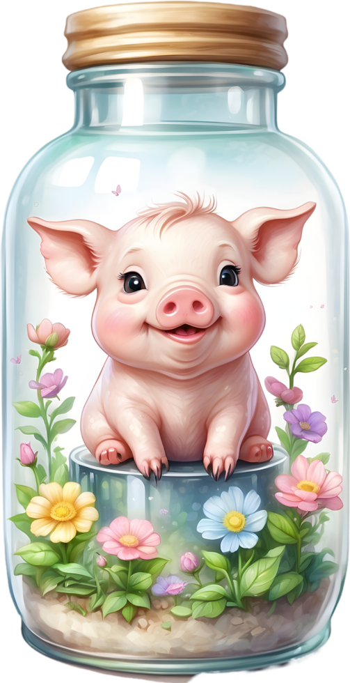 AI generated blind box lovely cute chibi pig in glass bottle ,flower garden diorama, lighting studio,pastel, watercolor illustration, hand draw painting obsoleted, full body png