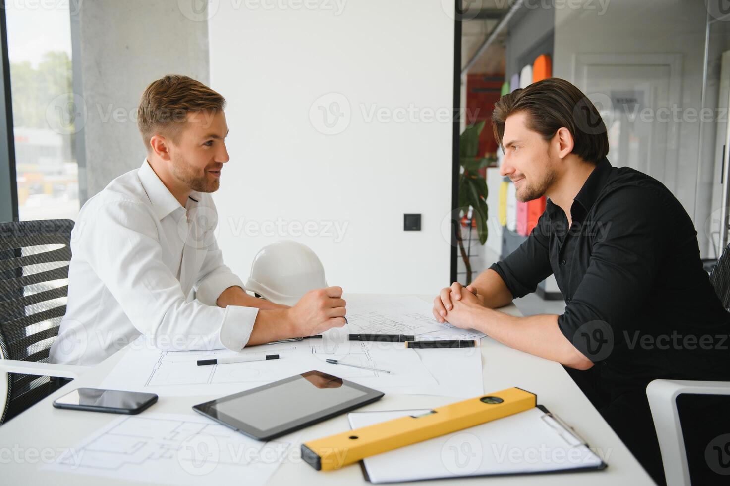 Two young architects with blueprints of a house standing in office, talking. photo