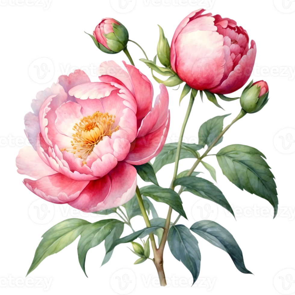 AI generated watercolor peony flowers on transparent background png