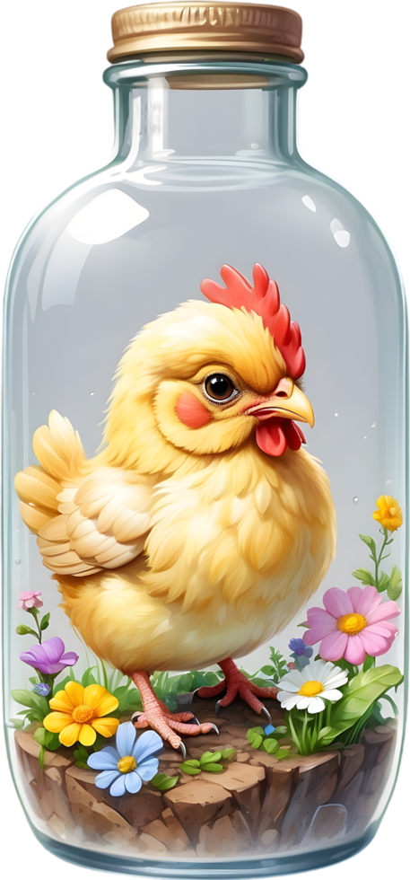 AI generated blind box lovely cute chibi chicken in glass bottle ,flower garden diorama, lighting studio,pastel, watercolor illustration, hand draw painting obsoleted, full body png