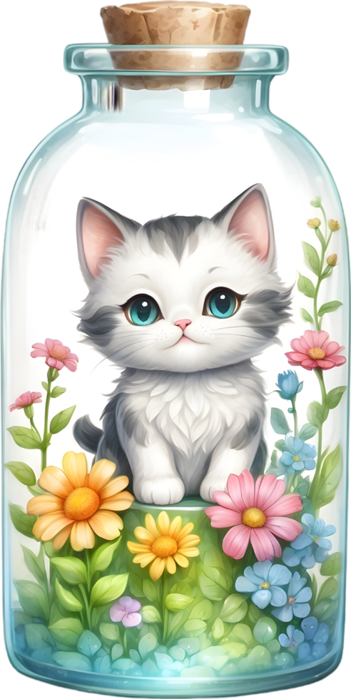 AI generated blind box lovely cute chibi cat in glass bottle ,flower garden diorama, lighting studio,pastel, watercolor illustration, hand draw painting obsoleted, full body png