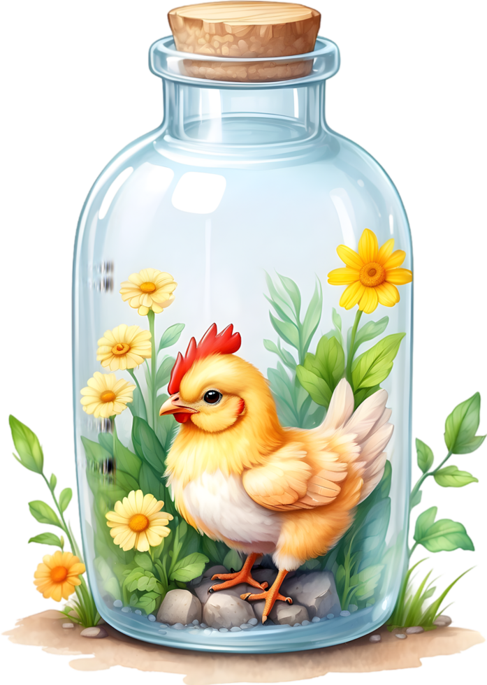 AI generated blind box lovely cute chibi chicken in glass bottle ,flower garden diorama, lighting studio,pastel, watercolor illustration, hand draw painting obsoleted, full body png