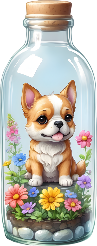 AI generated blind box lovely cute chibi dog in glass bottle ,flower garden diorama, lighting studio,pastel, watercolor illustration, hand draw painting obsoleted, full body png