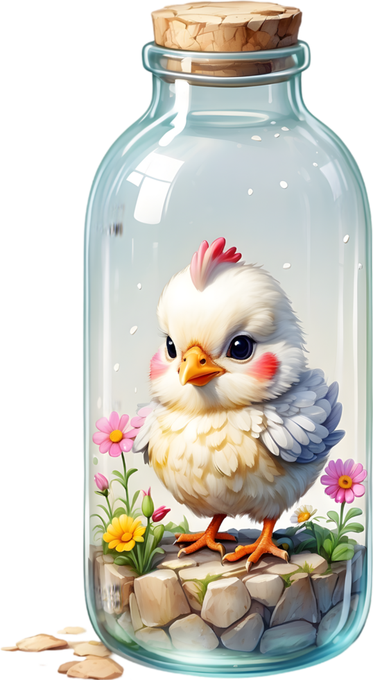 AI generated blind box lovely cute chibi chicken in glass bottle ,flower garden diorama, lighting studio,pastel, watercolor illustration, hand draw painting obsoleted, full body png