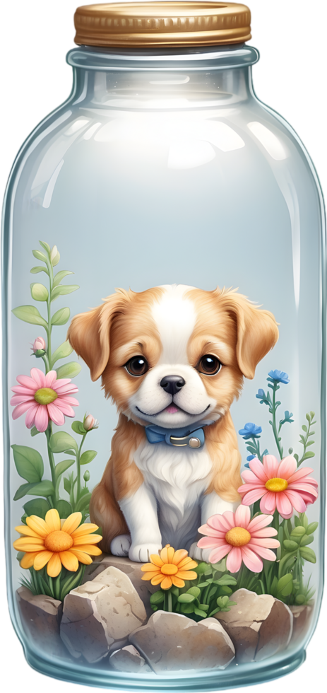 AI generated blind box lovely cute chibi dog in glass bottle ,flower garden diorama, lighting studio,pastel, watercolor illustration, hand draw painting obsoleted, full body png