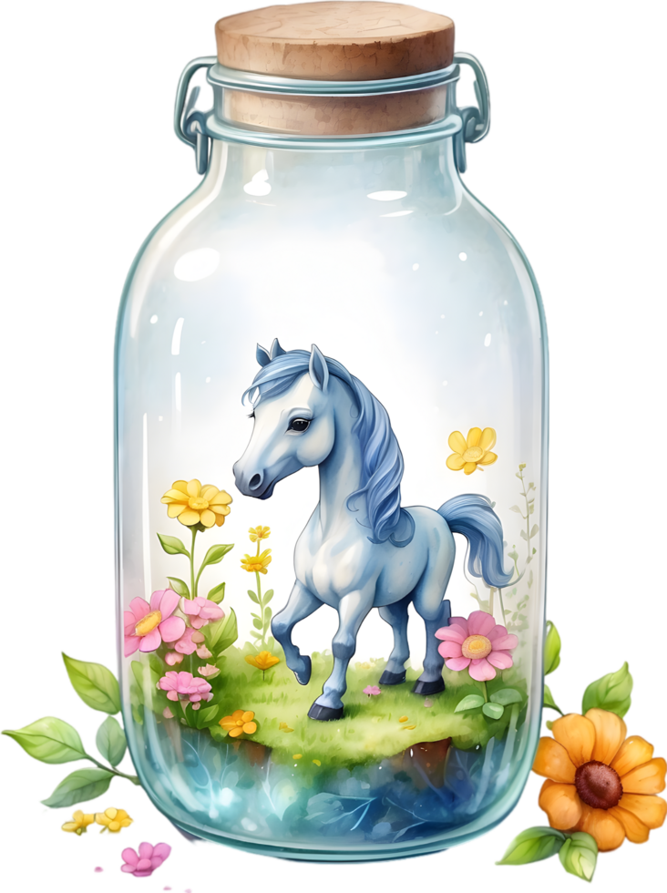 ai gerado cego caixa adorável fofa chibi cavalo dentro vidro garrafa ,flor jardim diorama, iluminação estúdio, pastel, aguarela ilustração, mão desenhar pintura obsoleto, cheio corpo png