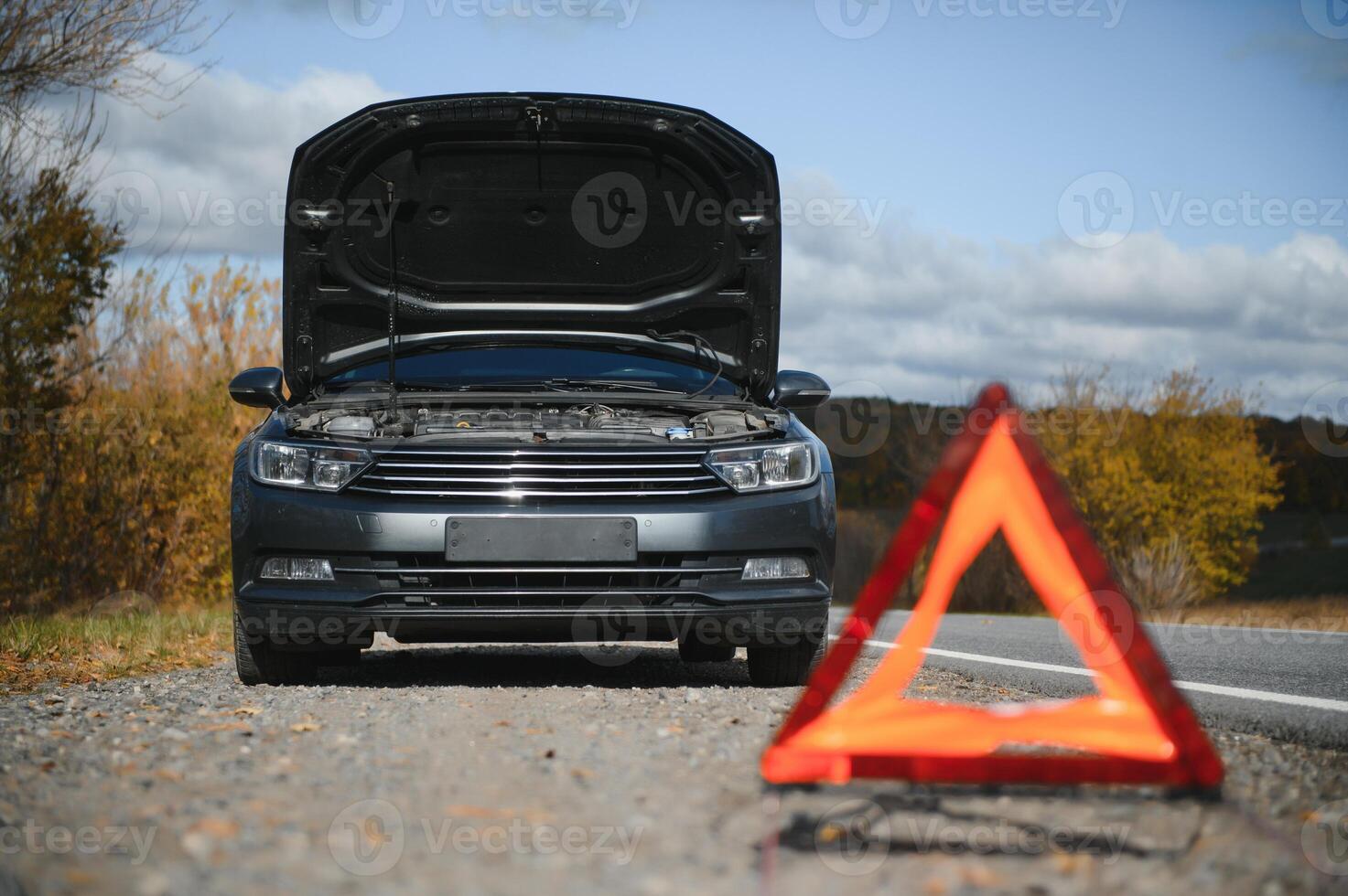 breakdown triangle stands near a broken car. photo