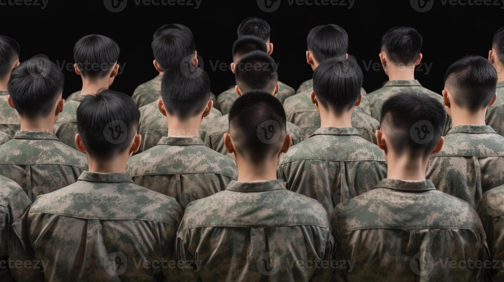 AI generated american soldier standing behind from the camera, black background photo