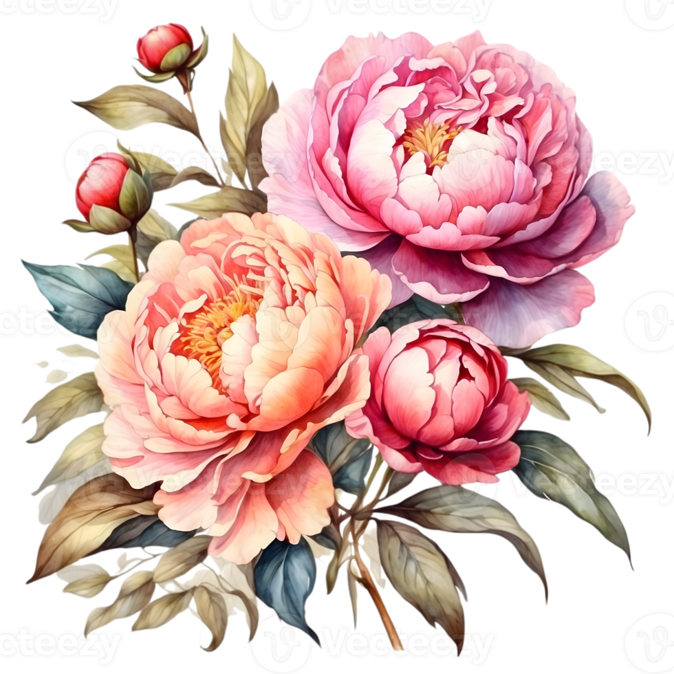 AI generated watercolor peonies on transparent background png