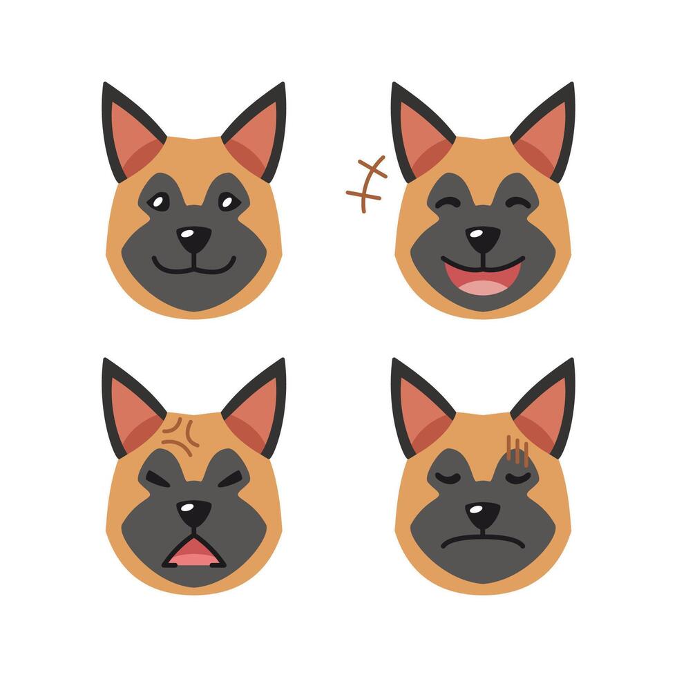 Set of cute character german shepherd dog faces showing different emotions vector