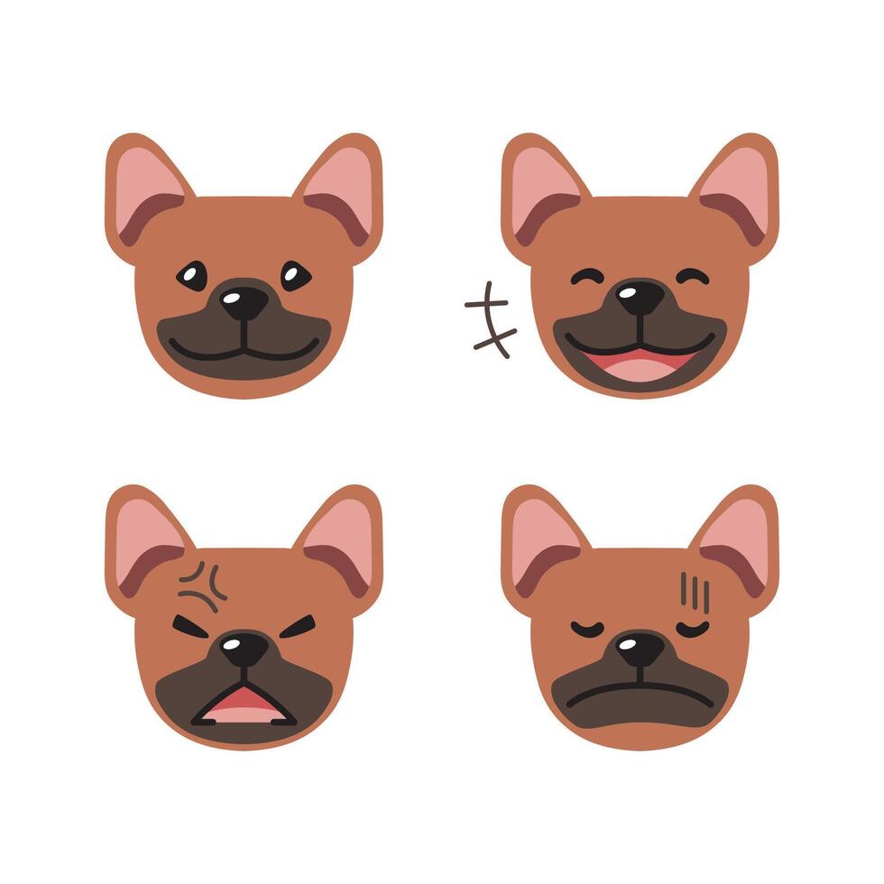 Set of cute character brown french bulldog faces showing different emotions vector