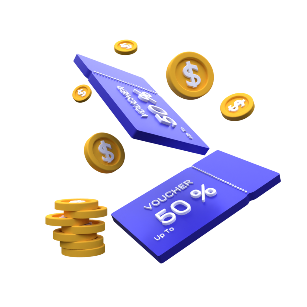 Unique Voucher card cash back 3D rendering icon illustration simple.Realistic illustration. png