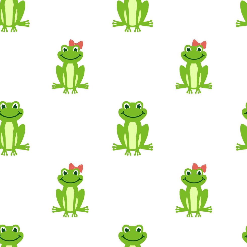 Vector Seamless pattern with cartoon green frog isolated on white background. Frogs boy and girl with bow sit and smile.
