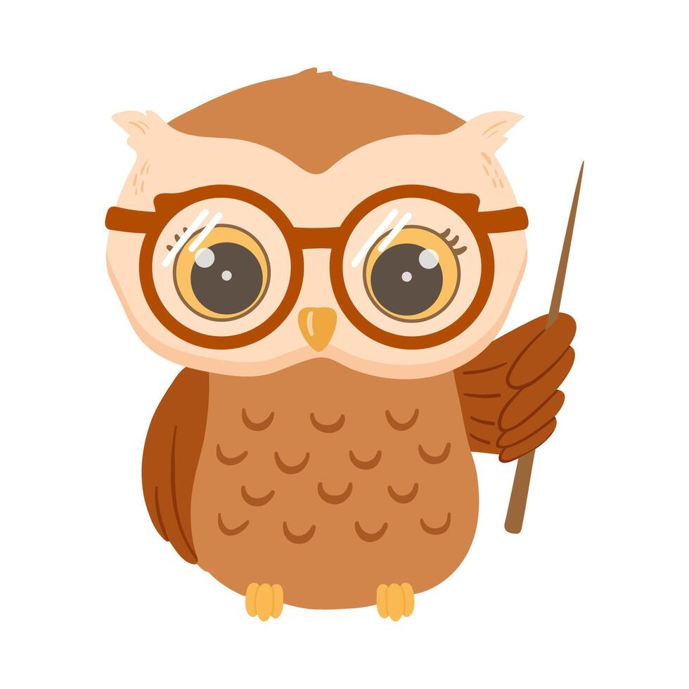 Vector cute baby owl with glasses and pointer. Hand drawn character smart bird isolated on white background. Woodland illustration for kids