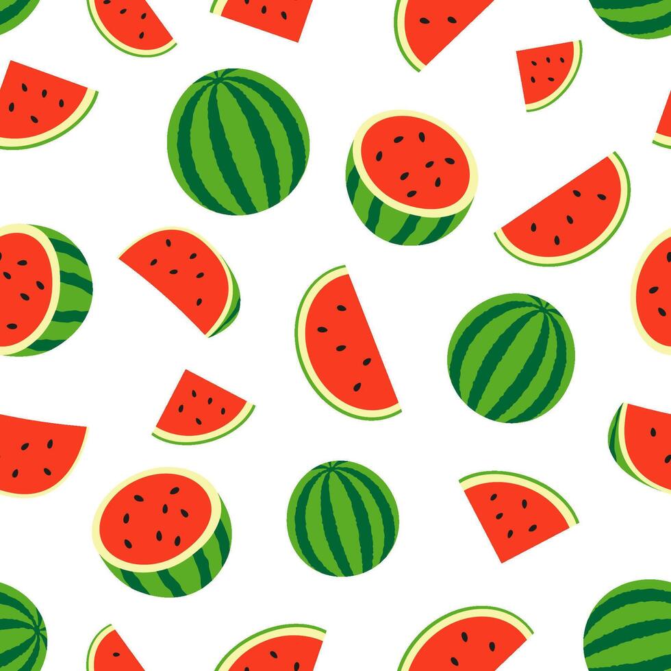 Fresh and juicy whole watermelons and slices. Seamless pattern on white background. vector