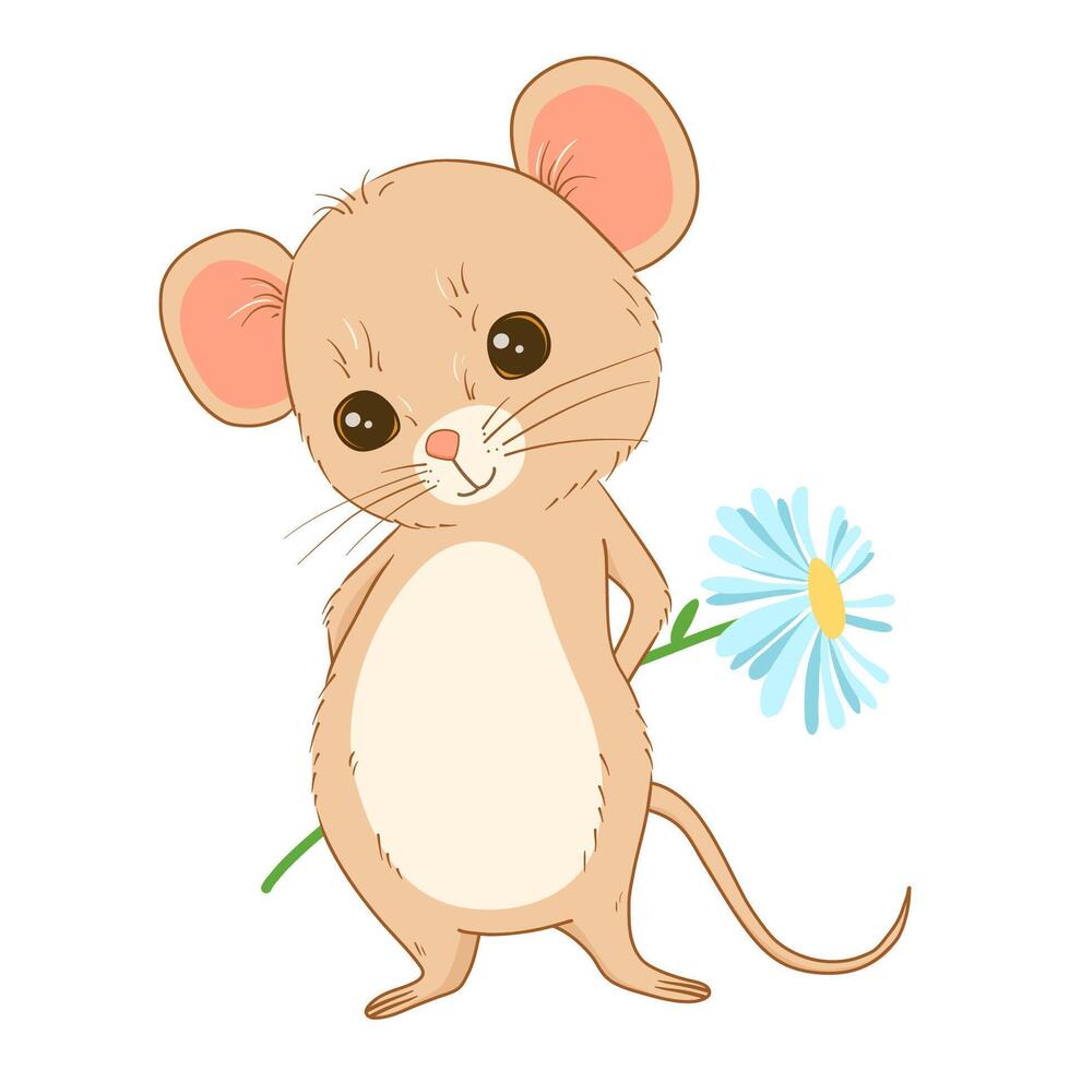 vector linda pequeño ratón personaje en pie sonriente con flor margarita. dibujos animados contento bebé rata aislado en blanco.