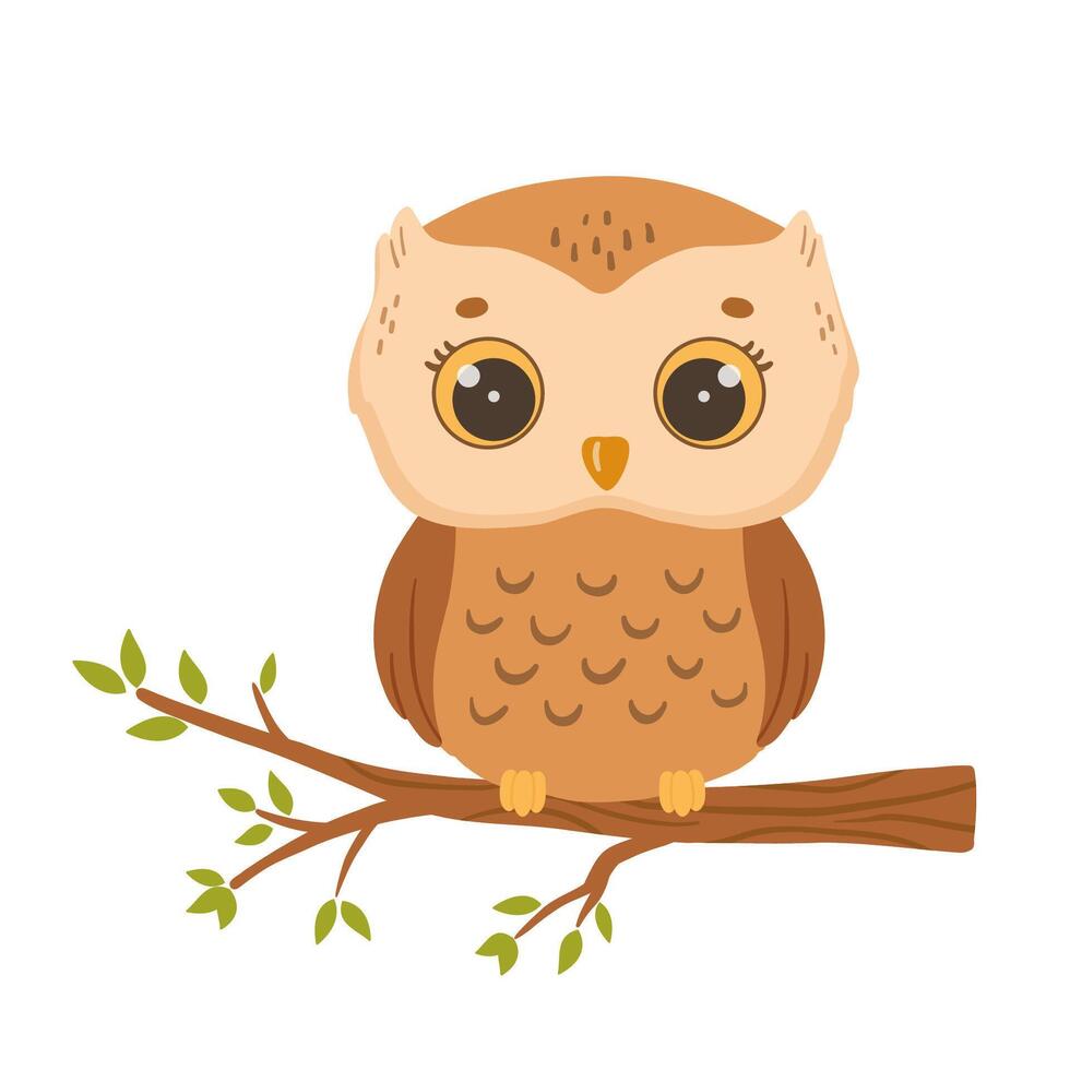Vector cute baby owl on tree. Hand drawn character forest bird isolated on white background. Woodland illustration for kids