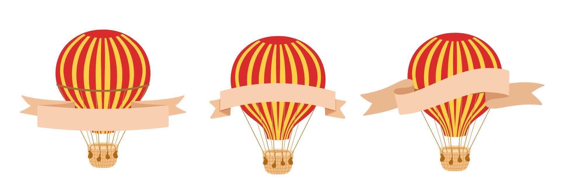 Hot air balloon with banner or ribbon. Vector retro illustration isolated on white.