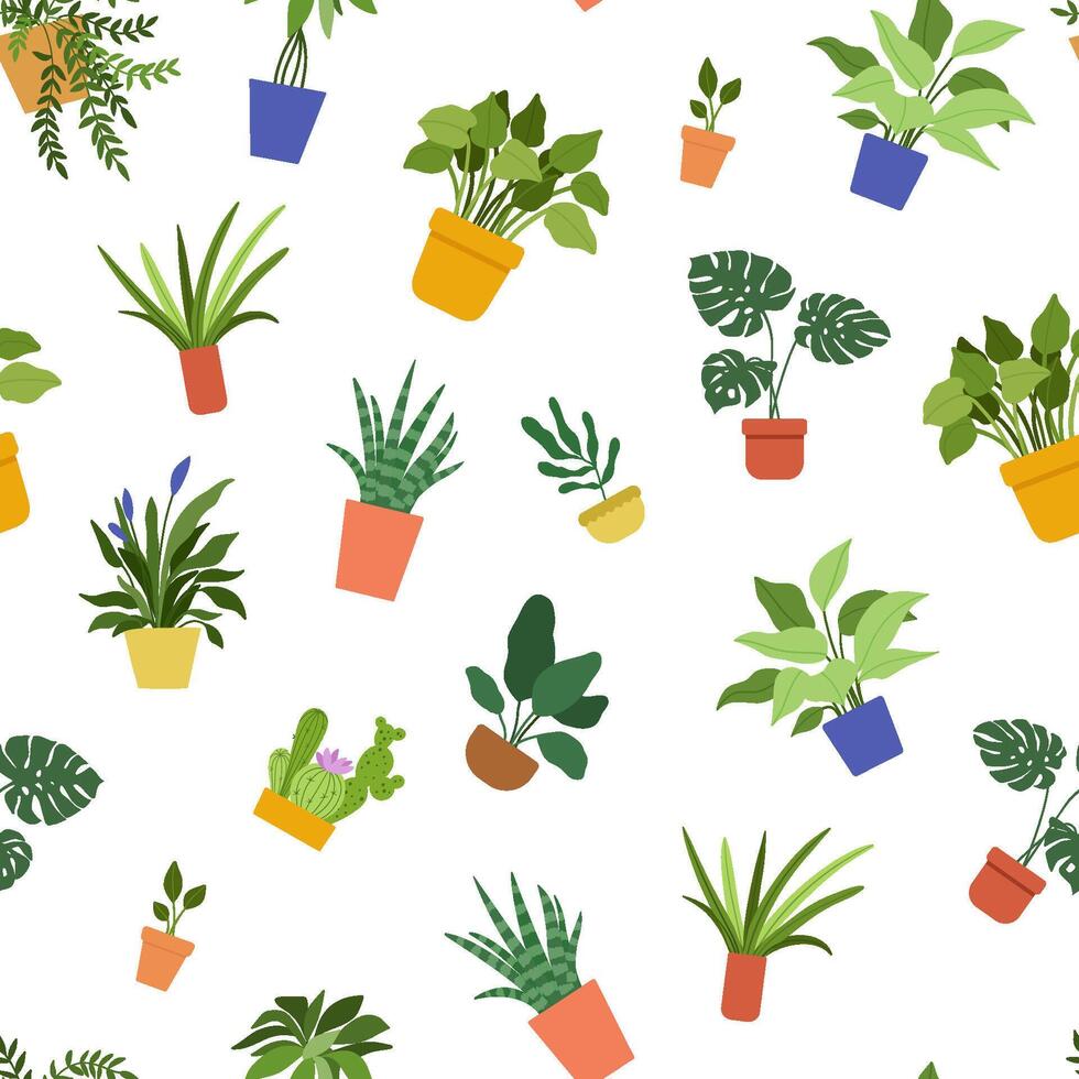 Vector seamless pattern with hand drawn house plants in pots on white background