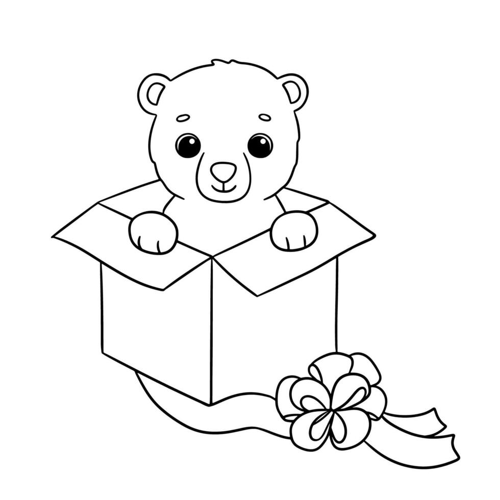 Cute baby bear in gift box. Cartoon hand drawn vector outline illustration for coloring book. Line animal isolated on white