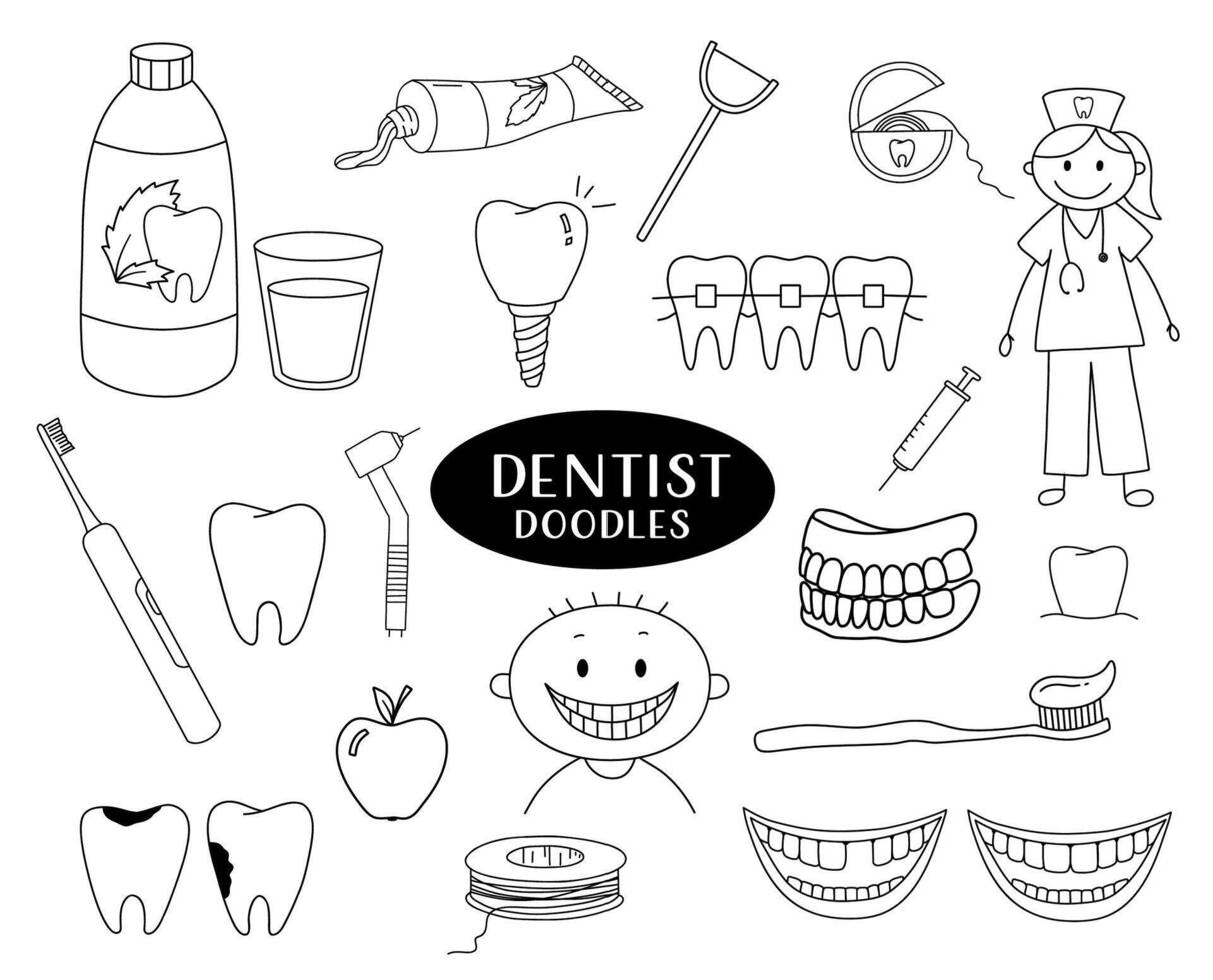 conjunto de dental garabatear ilustraciones. gracioso enfermero bocetos, cepillo de dientes y pasta dental, diente y dental seda floja. vector