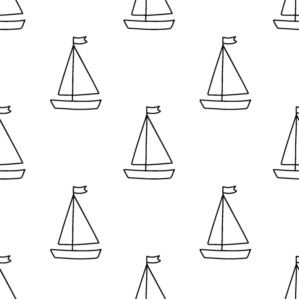 Seamless monochrome pattern with hand drawn doodle boat or sailboat. Doodle vector illustration isolated on white